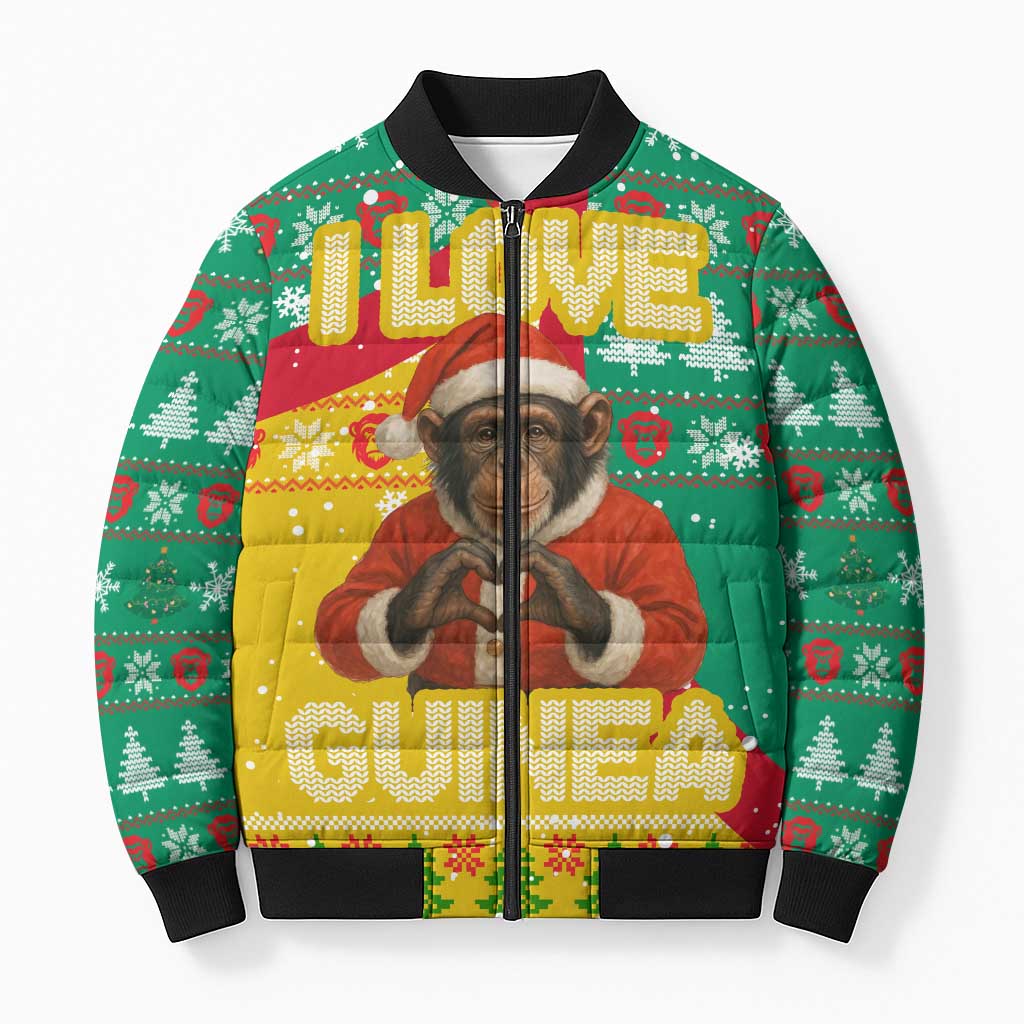 Guinea Christmas Bomber Puffer Jacket with Santa Chimpanzee Heart Hands and Green Red Snowflake Pattern - Wonder Print Shop