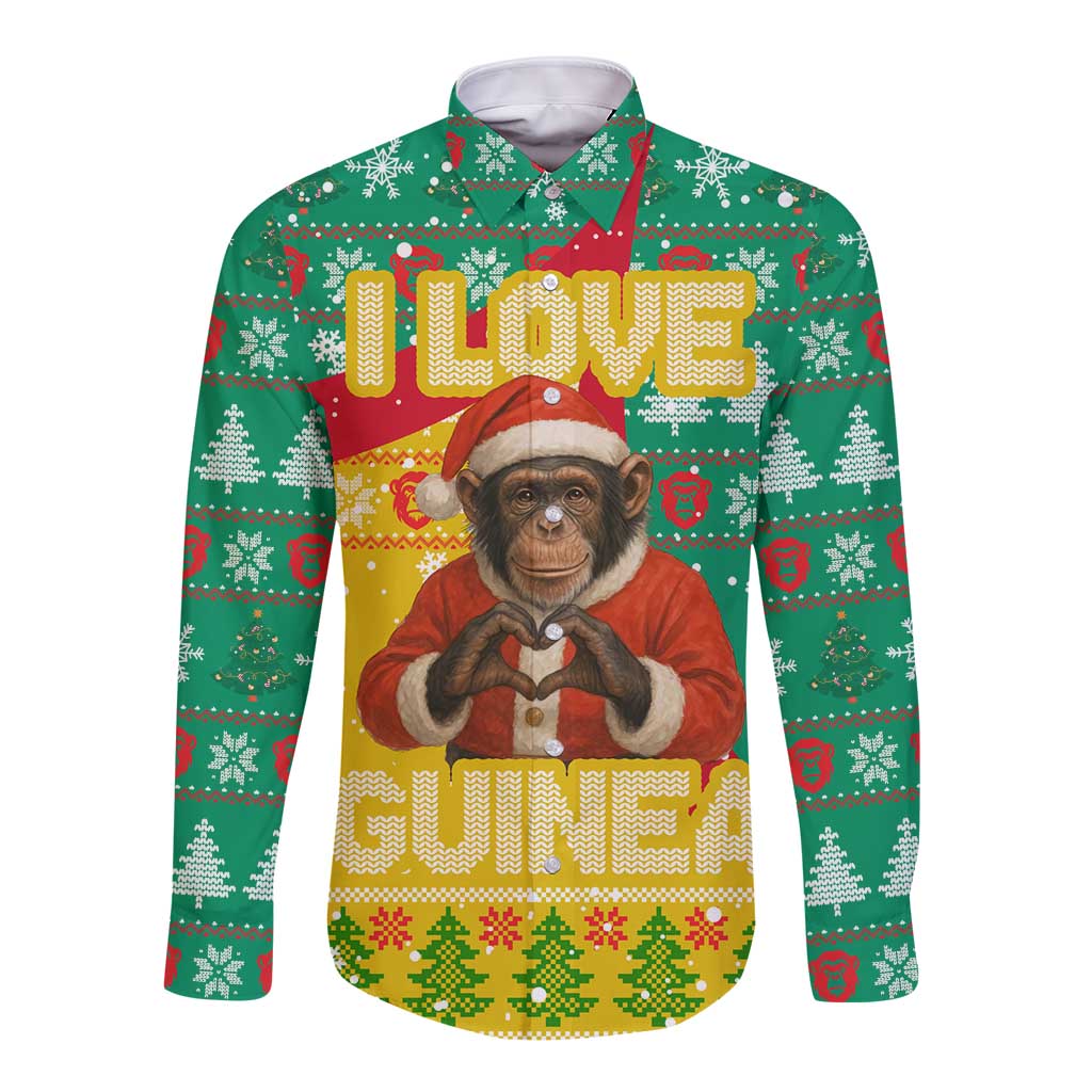 Guinea Christmas Long Sleeve Button Shirt with Santa Chimpanzee Heart Hands and Green Red Snowflake Pattern - Wonder Print Shop