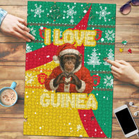Guinea Christmas Puzzle with Santa Chimpanzee Heart Hands and Green Red Snowflake Pattern - Wonder Print Shop