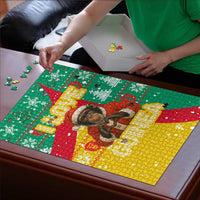 Guinea Christmas Puzzle with Santa Chimpanzee Heart Hands and Green Red Snowflake Pattern - Wonder Print Shop
