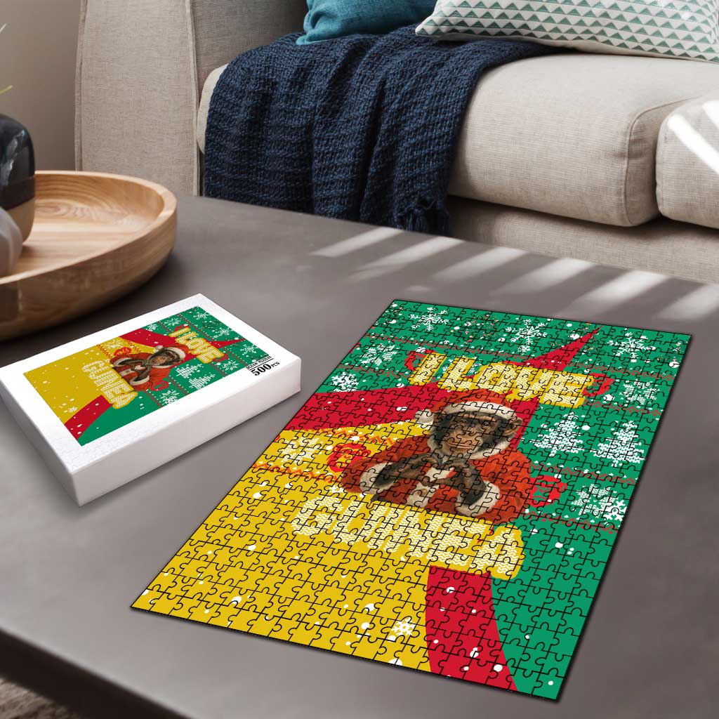 Guinea Christmas Puzzle with Santa Chimpanzee Heart Hands and Green Red Snowflake Pattern - Wonder Print Shop