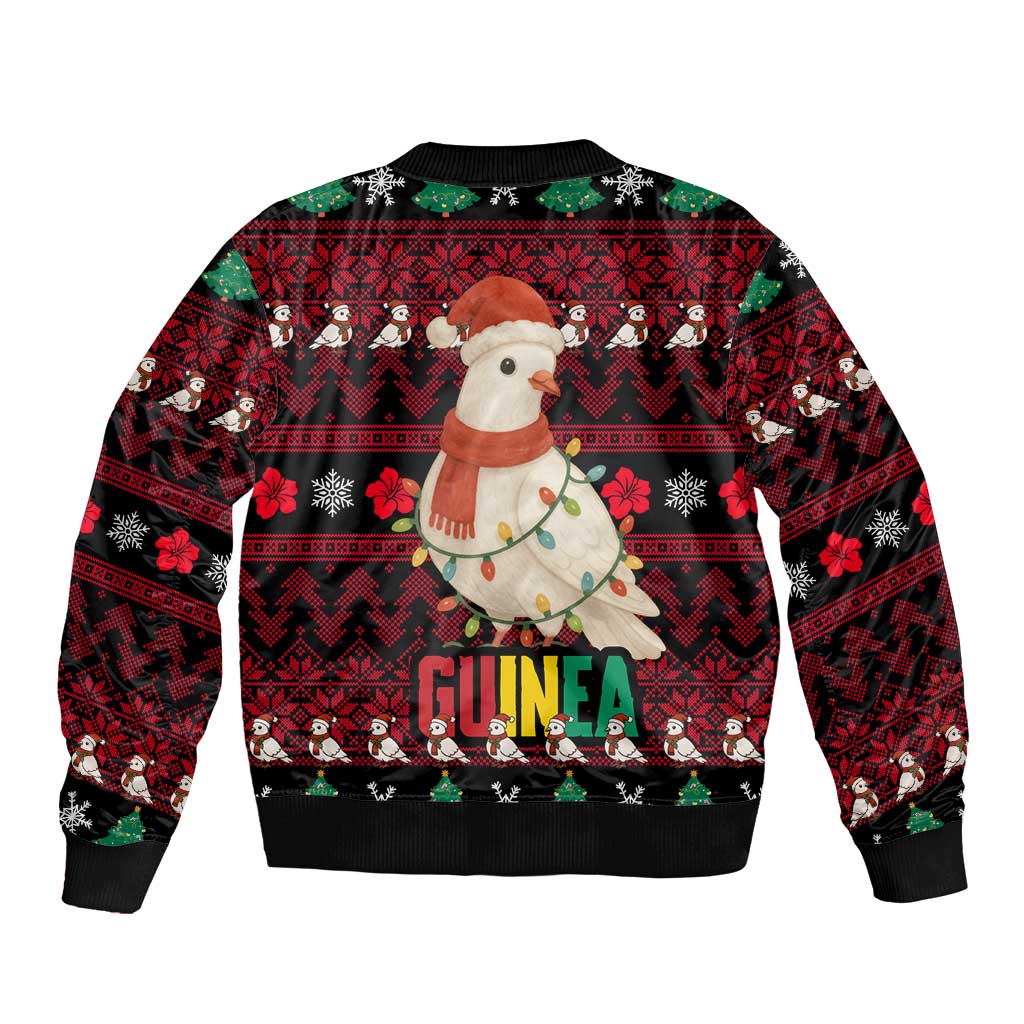 Guinea Christmas Bomber Jacket with Festive Dove String Lights and Red Black Holiday Pattern - Wonder Print Shop