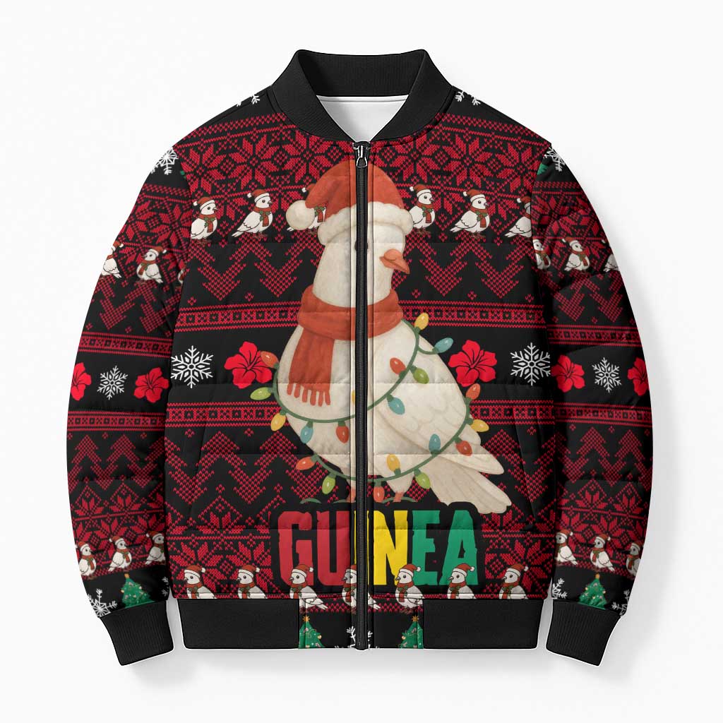 Guinea Christmas Bomber Puffer Jacket with Festive Dove String Lights and Red Black Holiday Pattern - Wonder Print Shop