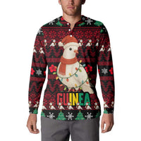 Guinea Christmas Button Sweatshirt with Festive Dove String Lights and Red Black Holiday Pattern - Wonder Print Shop