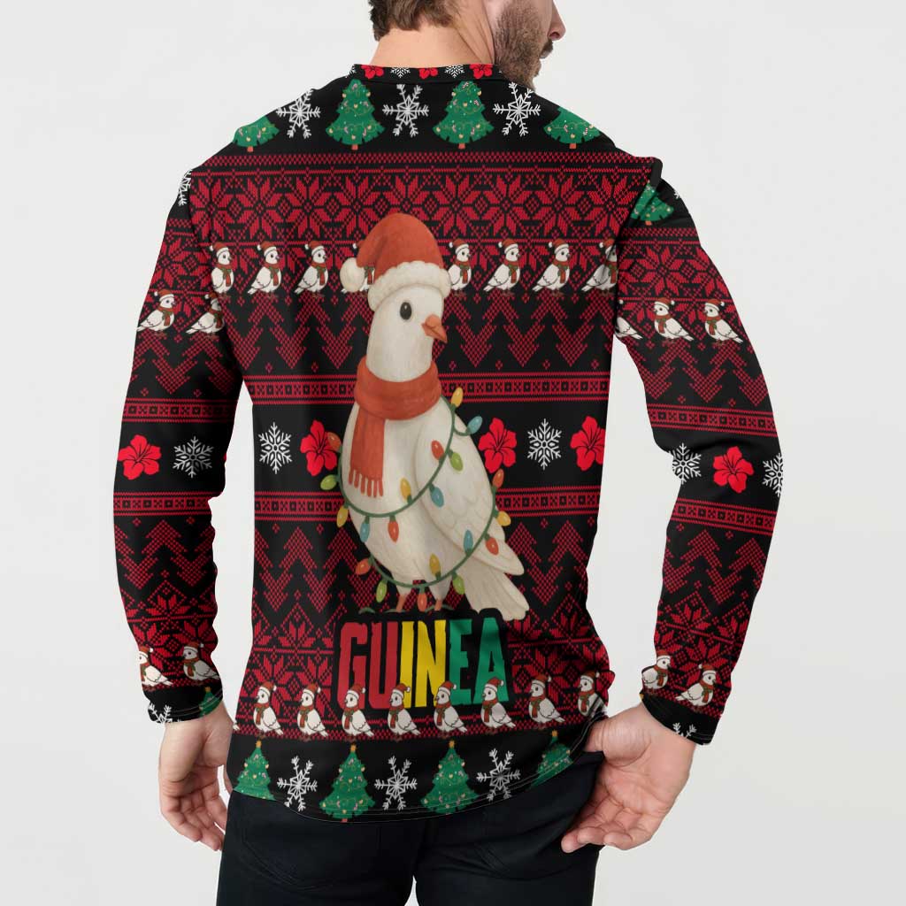Guinea Christmas Button Sweatshirt with Festive Dove String Lights and Red Black Holiday Pattern - Wonder Print Shop