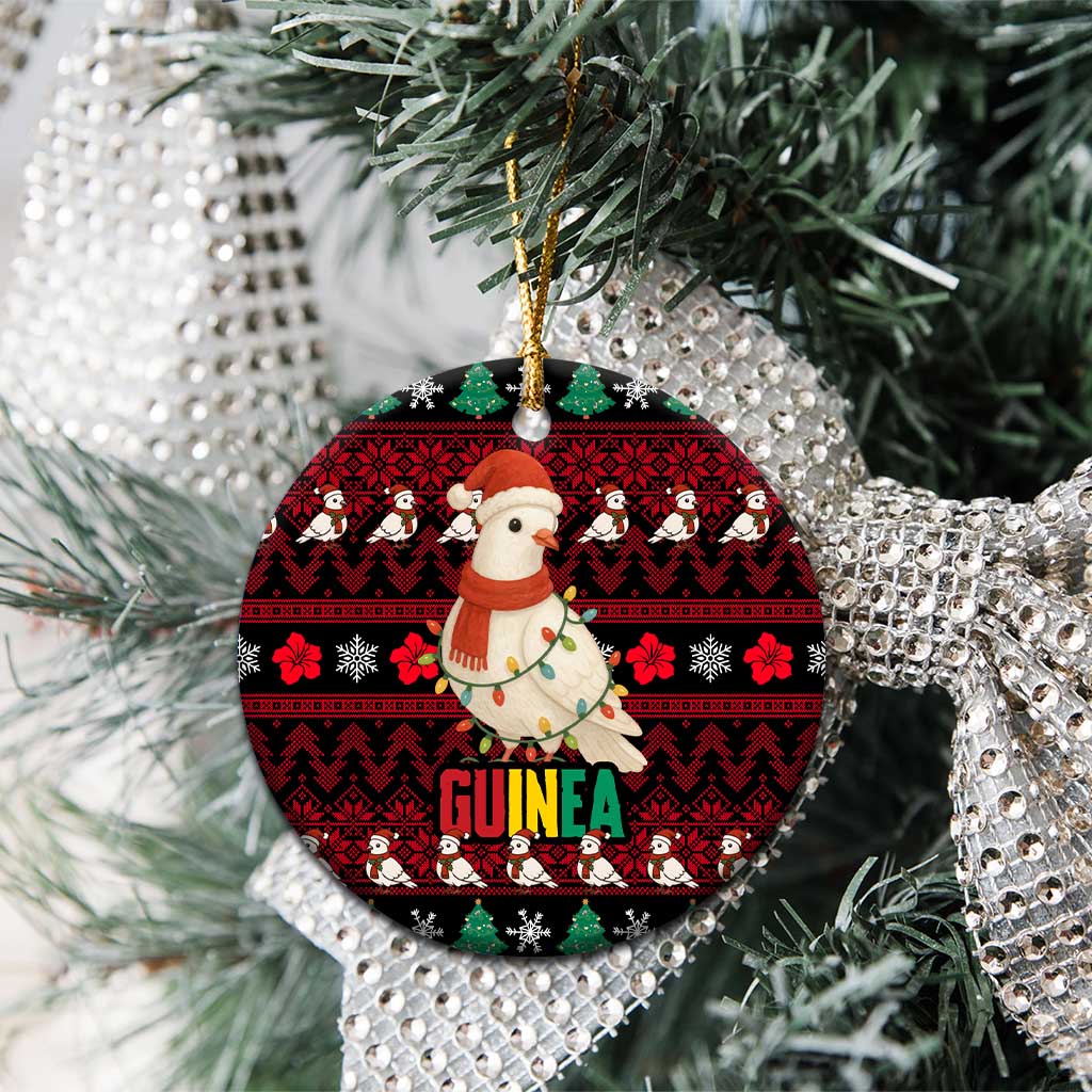 Guinea Christmas Ceramic Ornament with Festive Dove String Lights and Red Black Holiday Pattern - Wonder Print Shop
