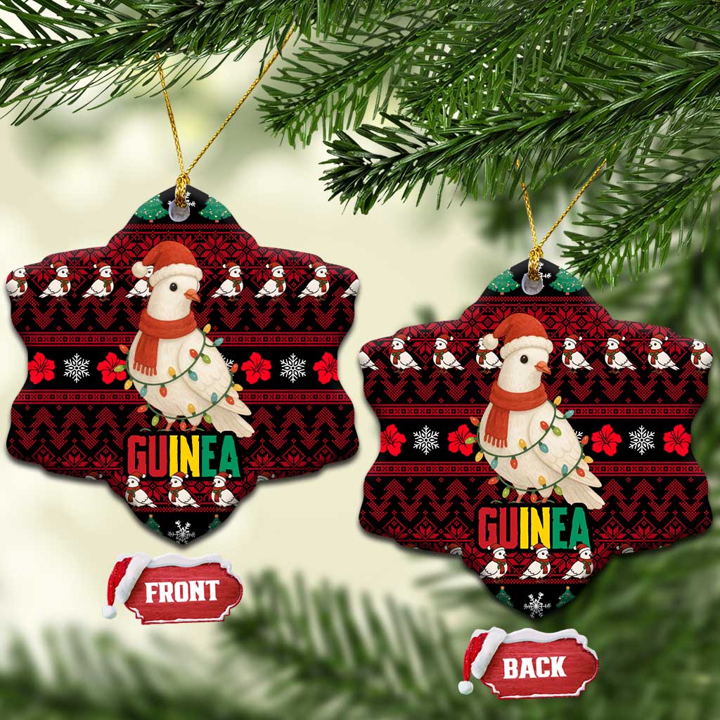 Guinea Christmas Ceramic Ornament with Festive Dove String Lights and Red Black Holiday Pattern - Wonder Print Shop