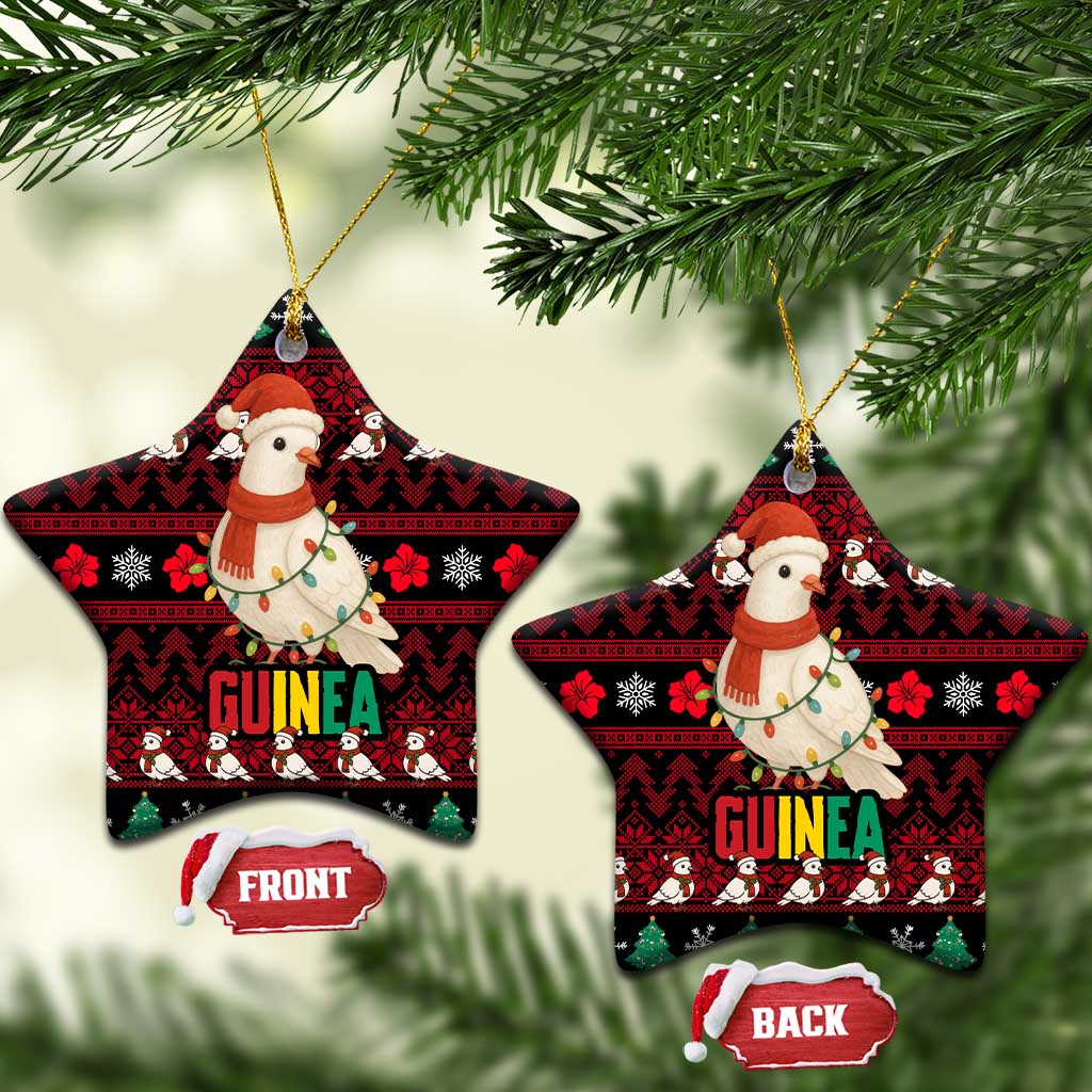 Guinea Christmas Ceramic Ornament with Festive Dove String Lights and Red Black Holiday Pattern - Wonder Print Shop