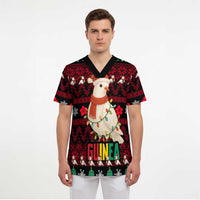 Guinea Christmas Scrub Top with Festive Dove String Lights and Red Black Holiday Pattern - Wonder Print Shop