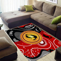 Abstract kangaroo area rug in red and black with yellow circular motif and dots