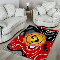 Red black abstract kangaroo area rug with yellow center ring and dot accents