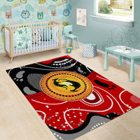 Multicolor abstract kangaroo area rug with red-black dots and circular yellow motif