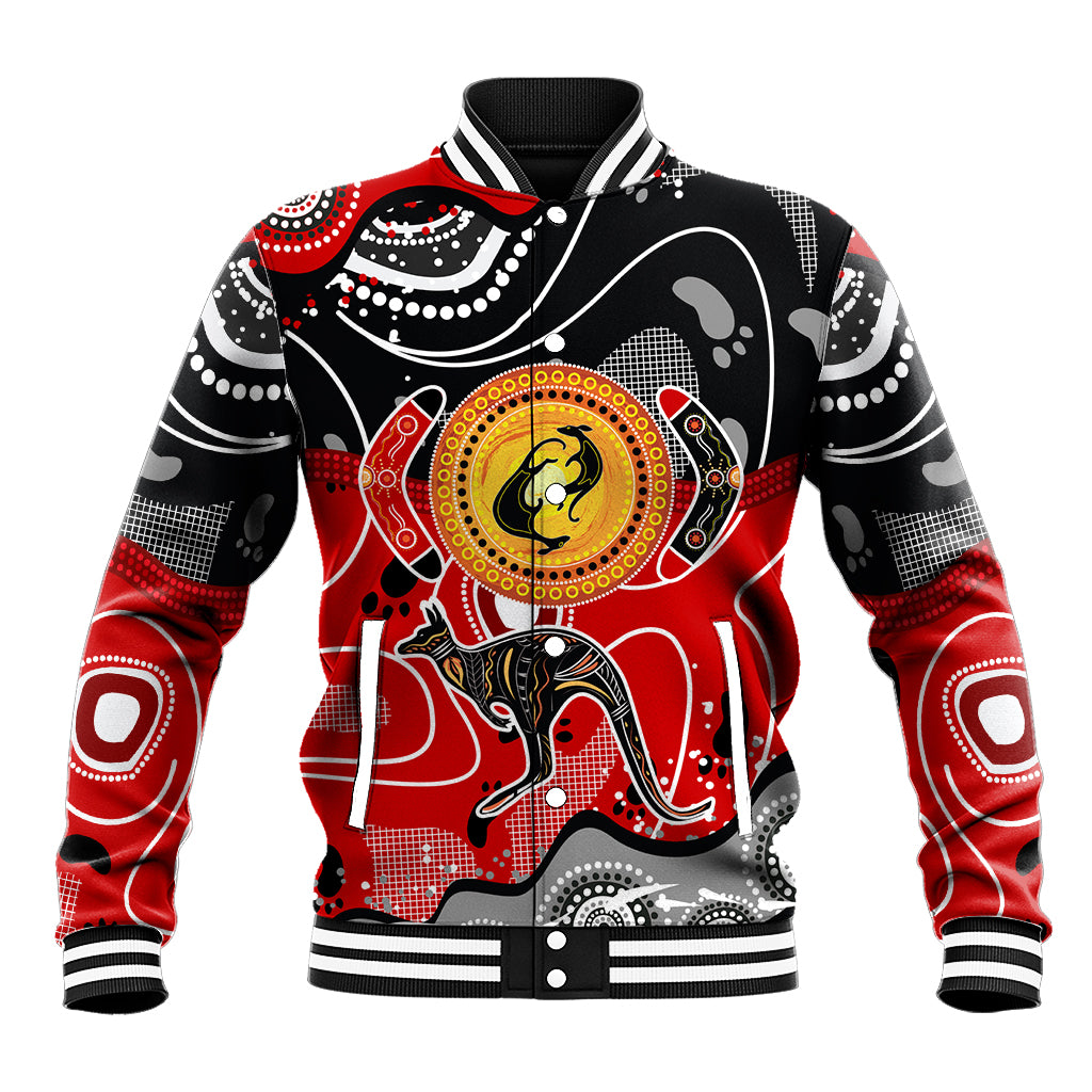 Unisex black baseball jacket with red accents and multicolor dot art kangaroo graphic