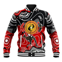 Unisex black baseball jacket with red accents and multicolor dot art kangaroo graphic