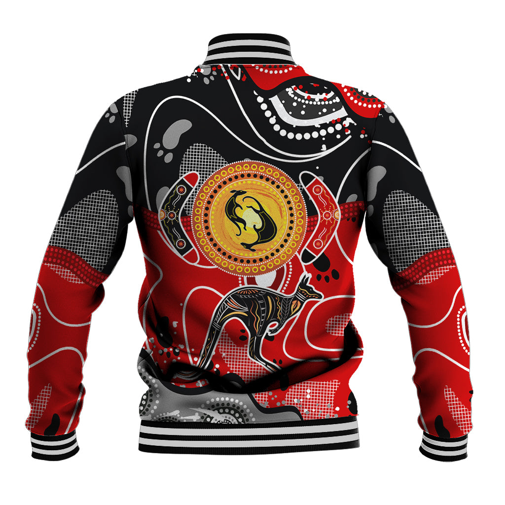 Unisex black baseball jacket, back view, red and multicolor dot art kangaroo design