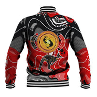 Unisex black baseball jacket, back view, red and multicolor dot art kangaroo design