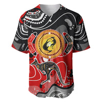 Multicolor abstract kangaroo baseball jersey, circular dot artwork on front.