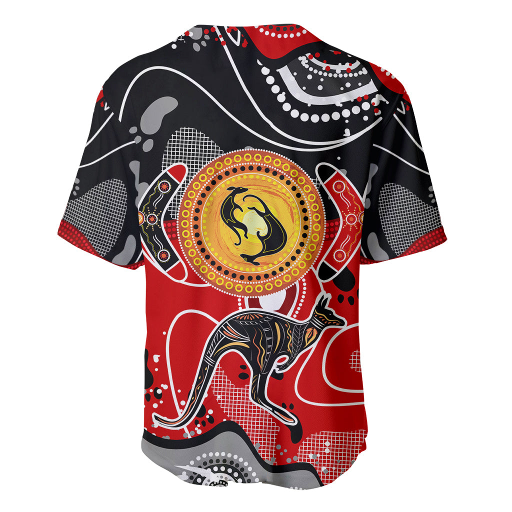 Multicolor abstract kangaroo baseball jersey, circular dot artwork on back.