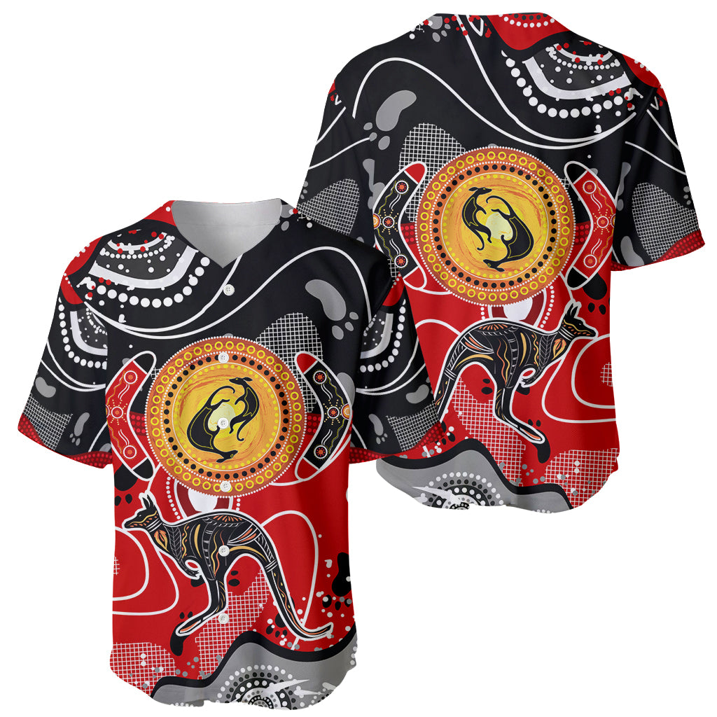 Pair of multicolor abstract kangaroo baseball jerseys with circular dot graphics.