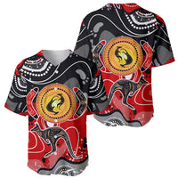 Pair of multicolor abstract kangaroo baseball jerseys with circular dot graphics.