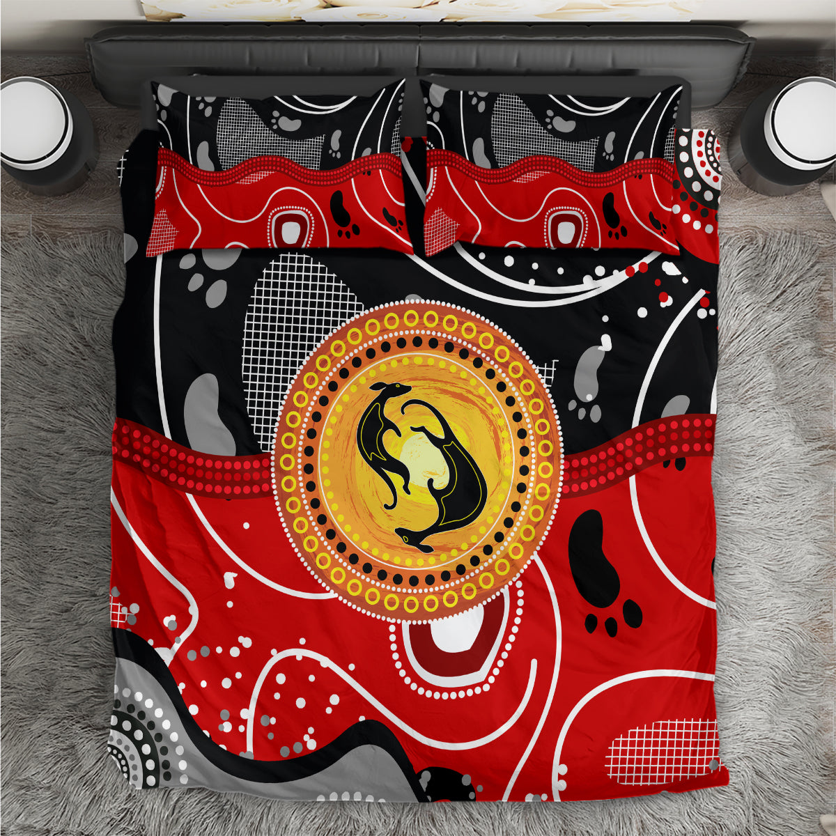 Multicolor kangaroo bedding set with red, black, gray abstract dot art on duvet and pillows