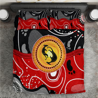 Multicolor kangaroo bedding set with red, black, gray abstract dot art on duvet and pillows
