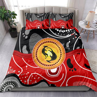 Multicolor duvet cover bedding set with central circular kangaroo motif, red and black pillows