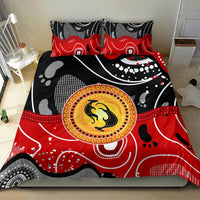 Multicolor bedding set with red circular kangaroo design, black backdrop, matching pillowcases