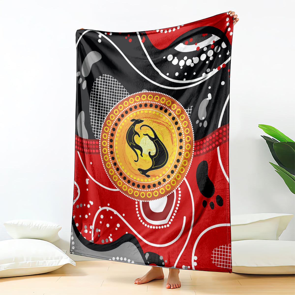 Abstract dot art kangaroo blanket draped with red, black, white and yellow circular design