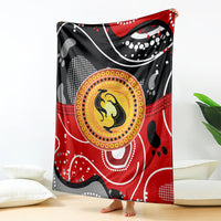 Abstract dot art kangaroo blanket draped with red, black, white and yellow circular design