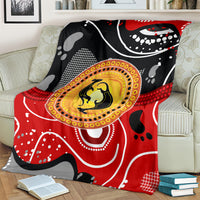 Red and black abstract dot art kangaroo blanket with yellow circular kangaroo motif