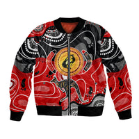 Bomber jacket with abstract dot-art print, full-zip front, black-red multicolor.