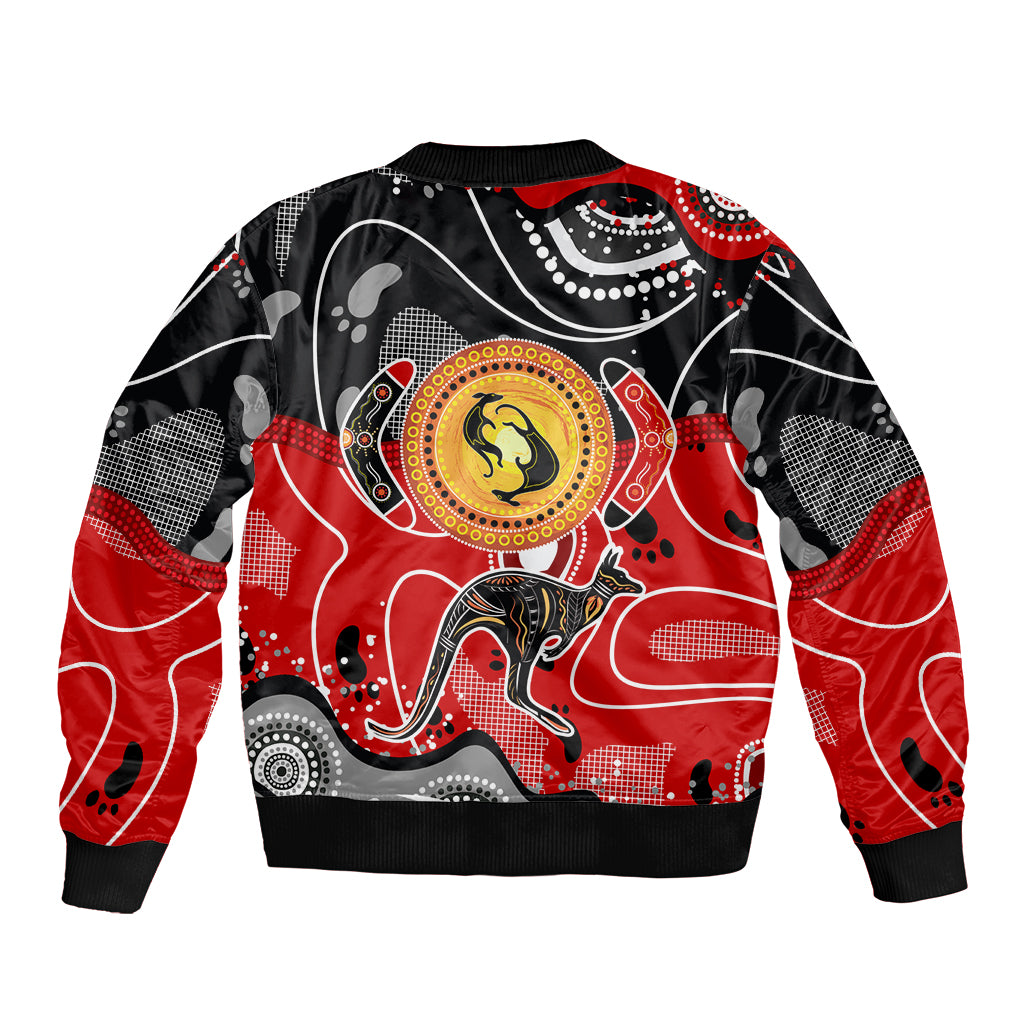 Bomber jacket with circular dot-art kangaroo graphic, full-zip front, red black multicolor.