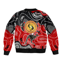Bomber jacket with circular dot-art kangaroo graphic, full-zip front, red black multicolor.