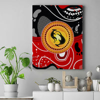 Abstract kangaroo dot art canvas wall art with red, yellow, and black patterns