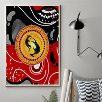 Framed abstract kangaroo dot art canvas wall art with red, yellow, and black