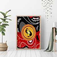Wood-framed abstract kangaroo dot art canvas wall art with red and black patterns