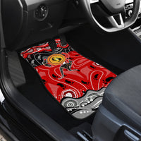 Passenger-side car floor mat with red, black and yellow dot art kangaroo graphic