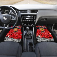 Pair of red and black dot art car floor mats with yellow kangaroo center graphic