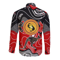 Multicolor long-sleeve button shirt with red-and-black sleeves and central circle kangaroo