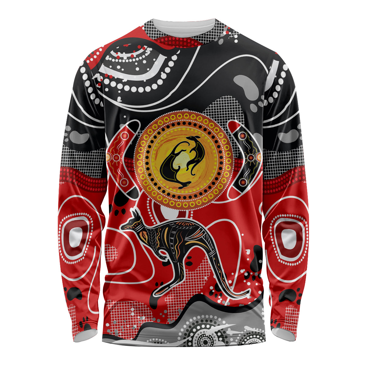 Unisex long-sleeve shirt with black, red, and yellow kangaroo dot art