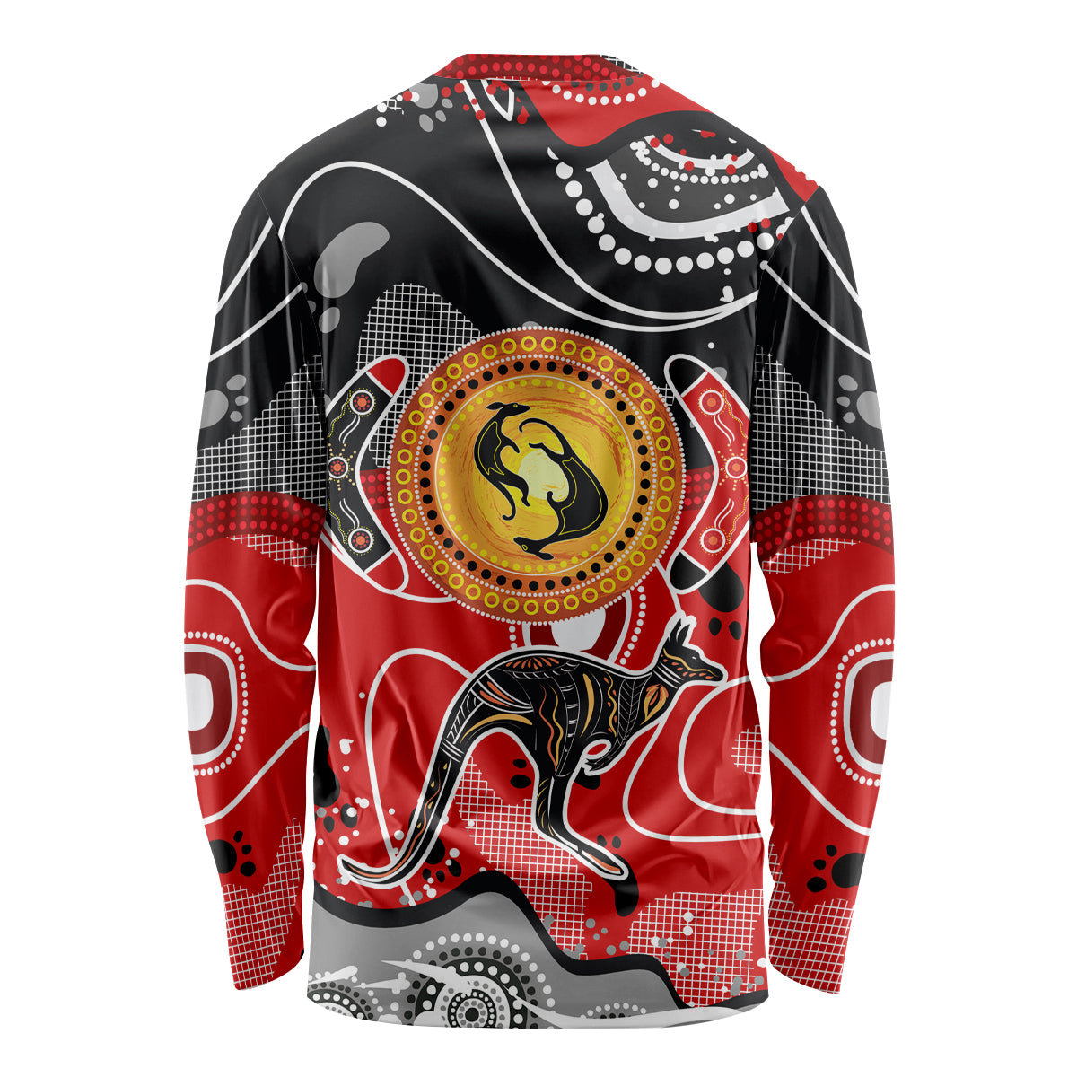 Unisex long-sleeve shirt featuring red-and-black kangaroo graphic with dot accents