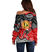 Women’s off-shoulder sweater, back view, red black white dot-art kangaroo graphic