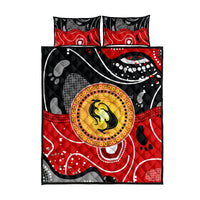 Abstract kangaroo quilt bed set with red, black, gray graphics and yellow medallion