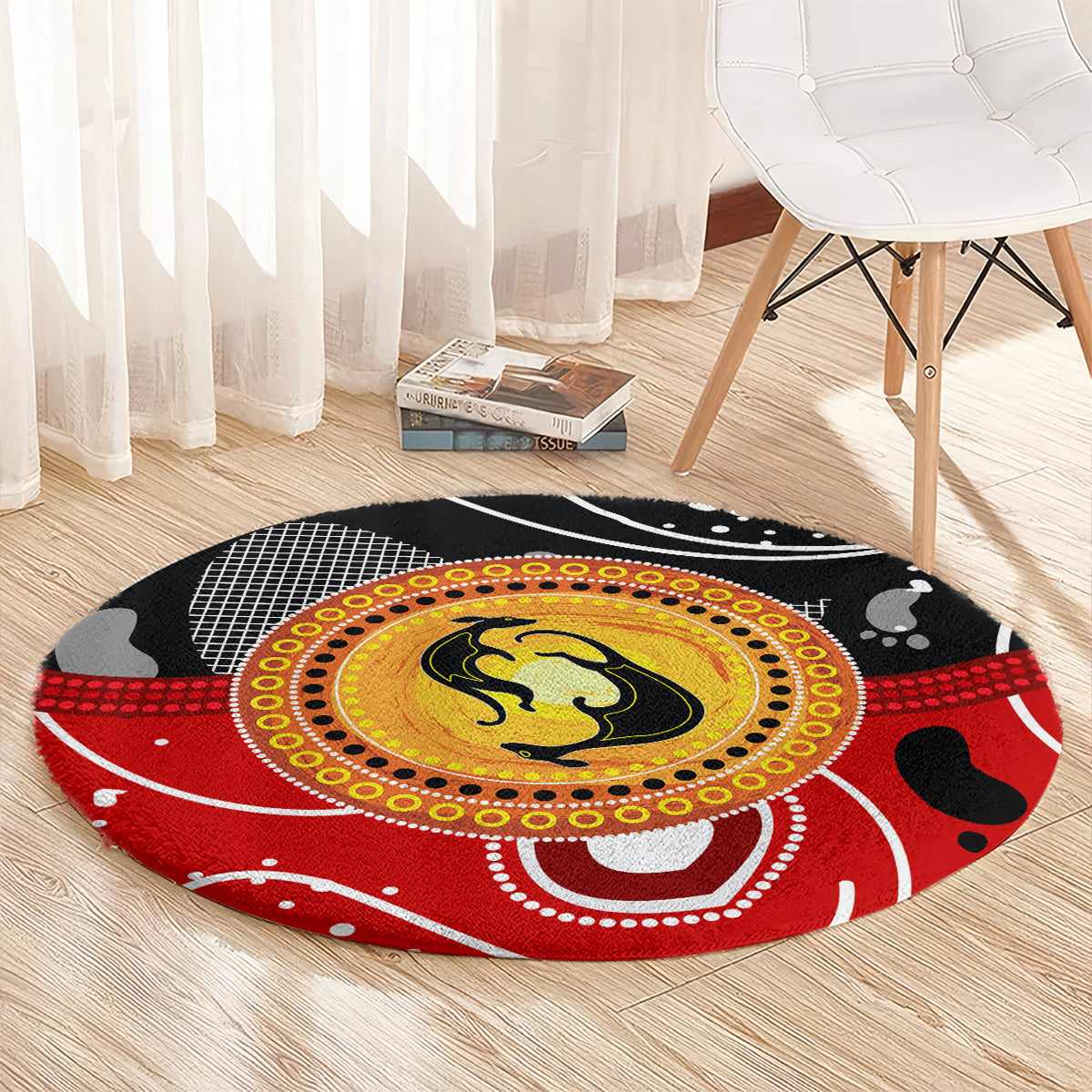 Round red circular kangaroo motif rug with yellow center, black background, white dot patterns