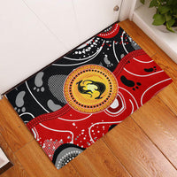 Red and black abstract kangaroo dot-art rubber doormat with circular emblem