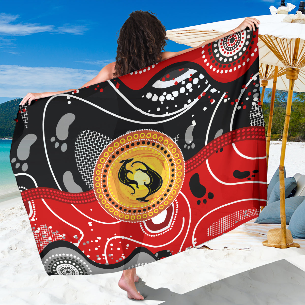 Multicolor abstract kangaroo dot-art sarong with red, black and yellow circular motif