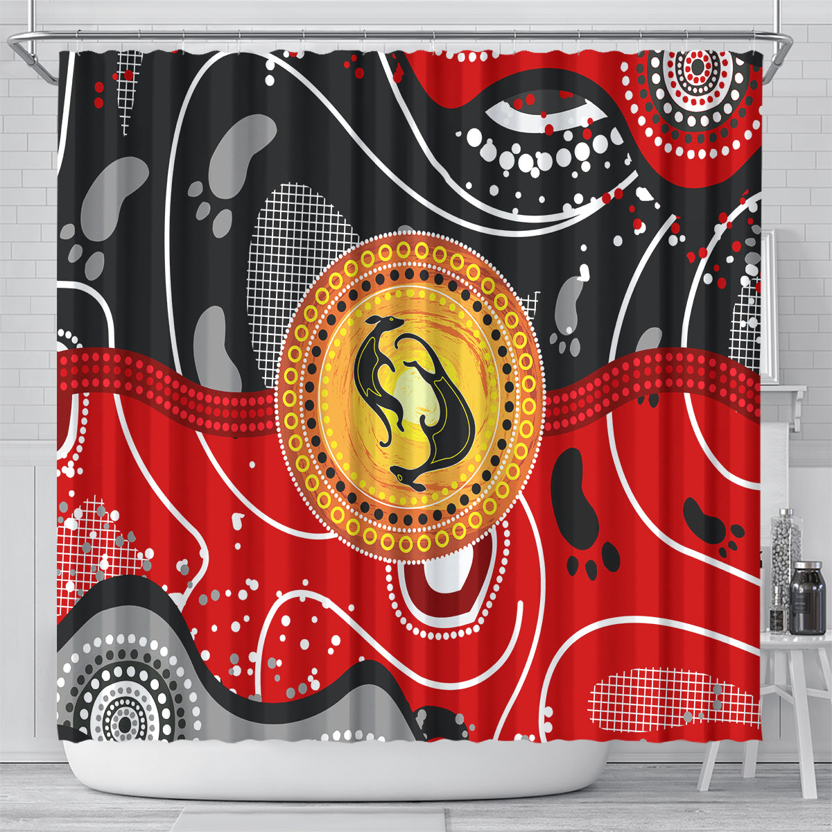 Multicolor abstract kangaroo shower curtain with dot patterns, red and black sections