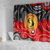 Multicolor abstract kangaroo shower curtain featuring a yellow kangaroo circle with dots