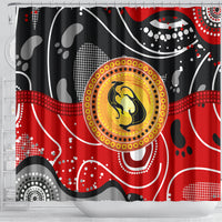 Multicolor abstract kangaroo shower curtain with central yellow circle and patterned borders